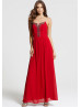 Red Chiffon Beads Strapless Long Prom Dress